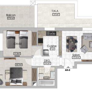 Appartement S+2 de 113 m², 17m² balcon et 17m² terrasse