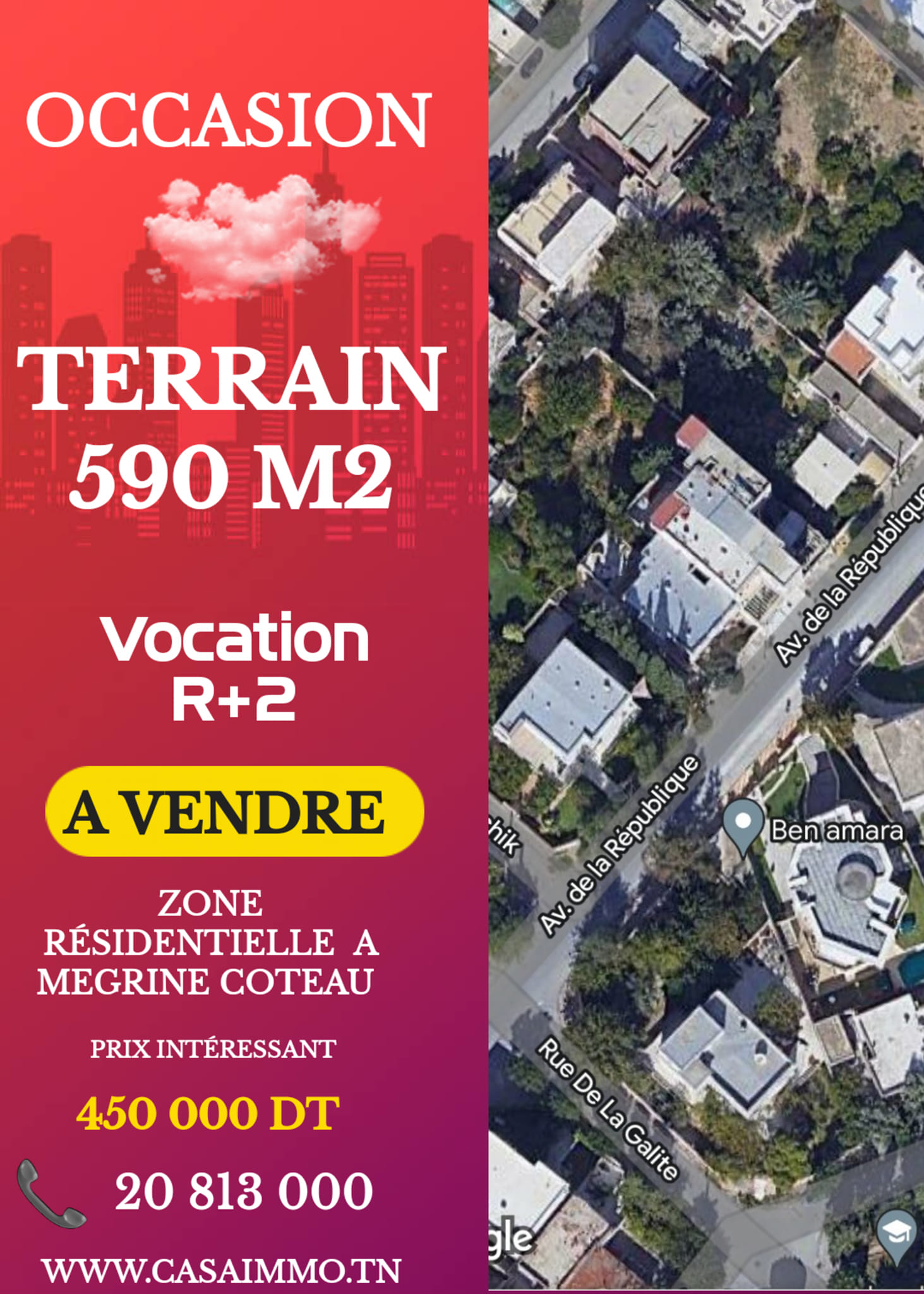 À Vendre TERRAIN de 590m² à Mégrine Coteaux BnB Tunisie