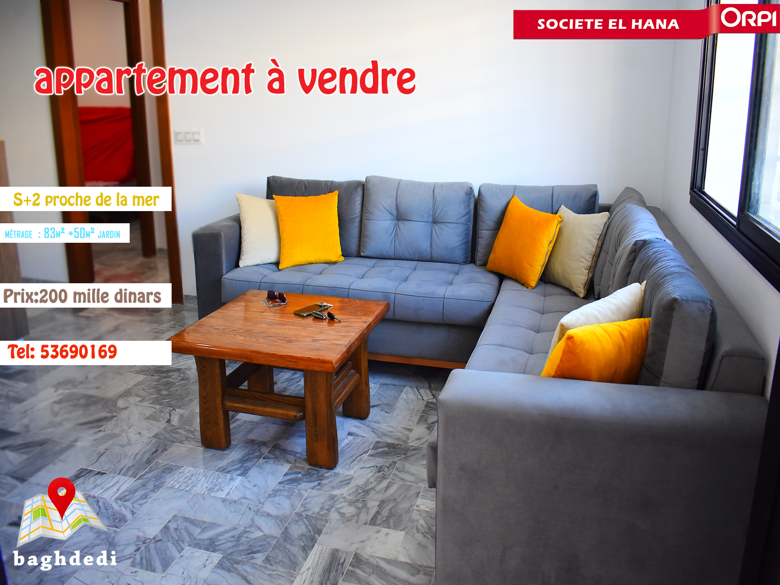 Appartement S+2 neuf à Plage Baghdedi