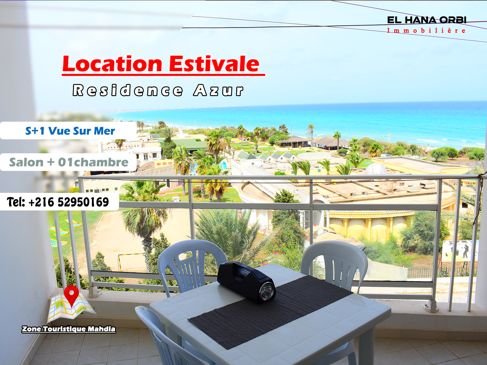 Appartement S+1 de charme rz azur proche de la plage et vue mer à corniche Mahdia