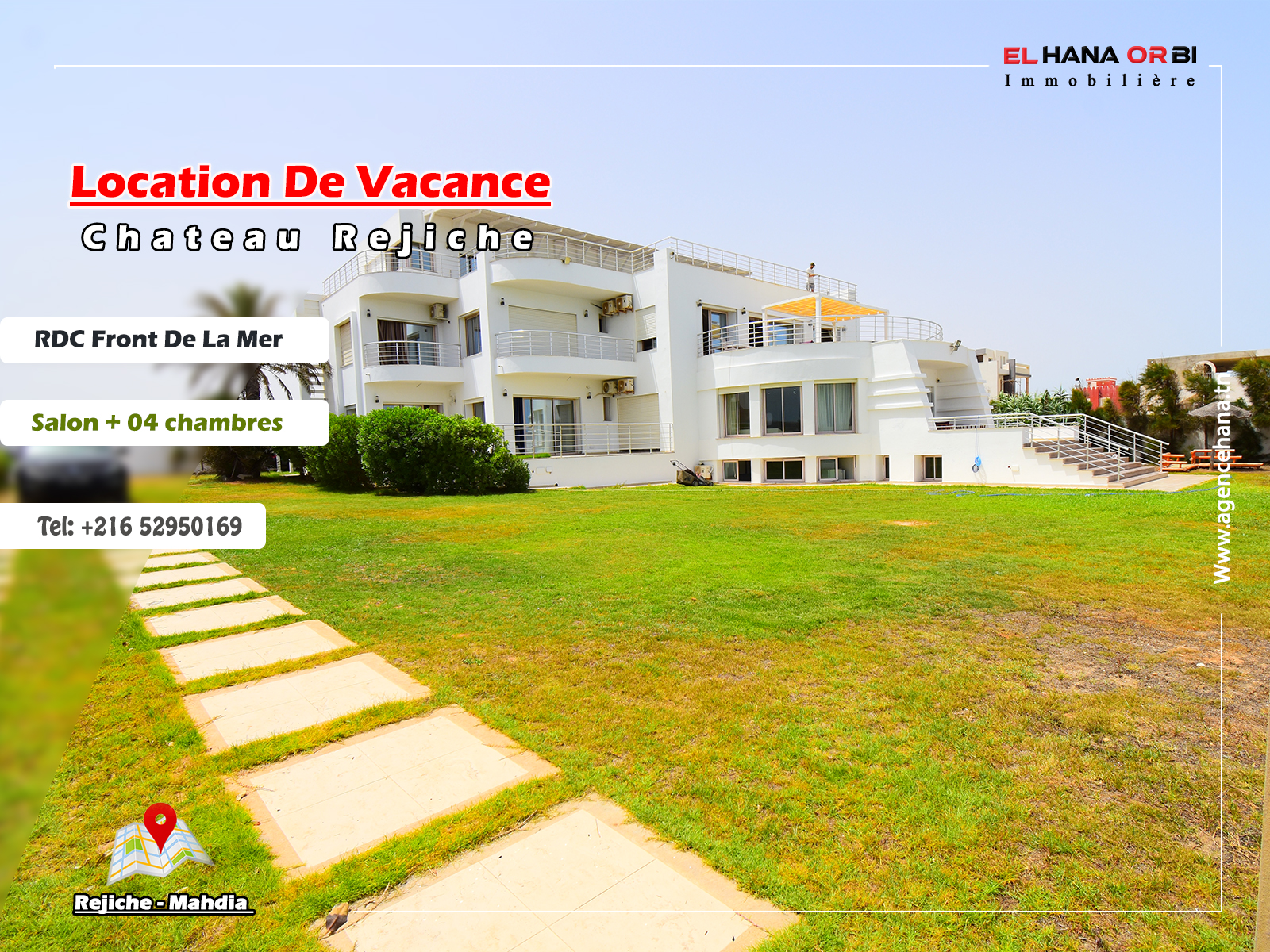 Château front de mer Rdc pour vacance à Rejiche Mahdia