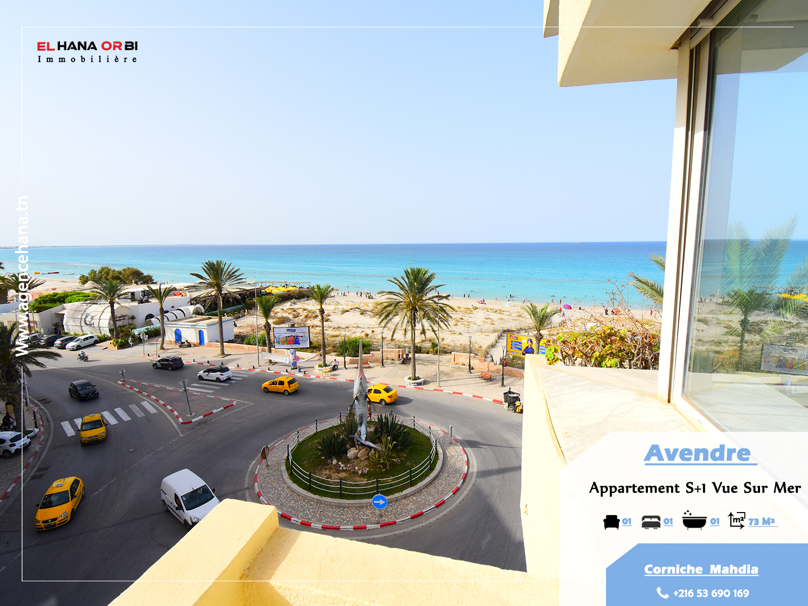 Stunning S+1 Apartment with Breathtaking Sea View and Direct Beach Access in Mahdia Corniche