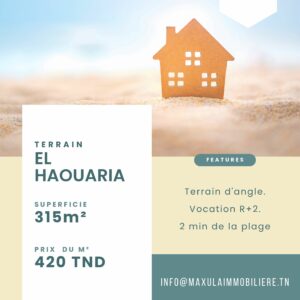 TERRAIN D’ANGLE DE 315M² À 2 MIN DE LA PLAGE D’EL HAOUARIA