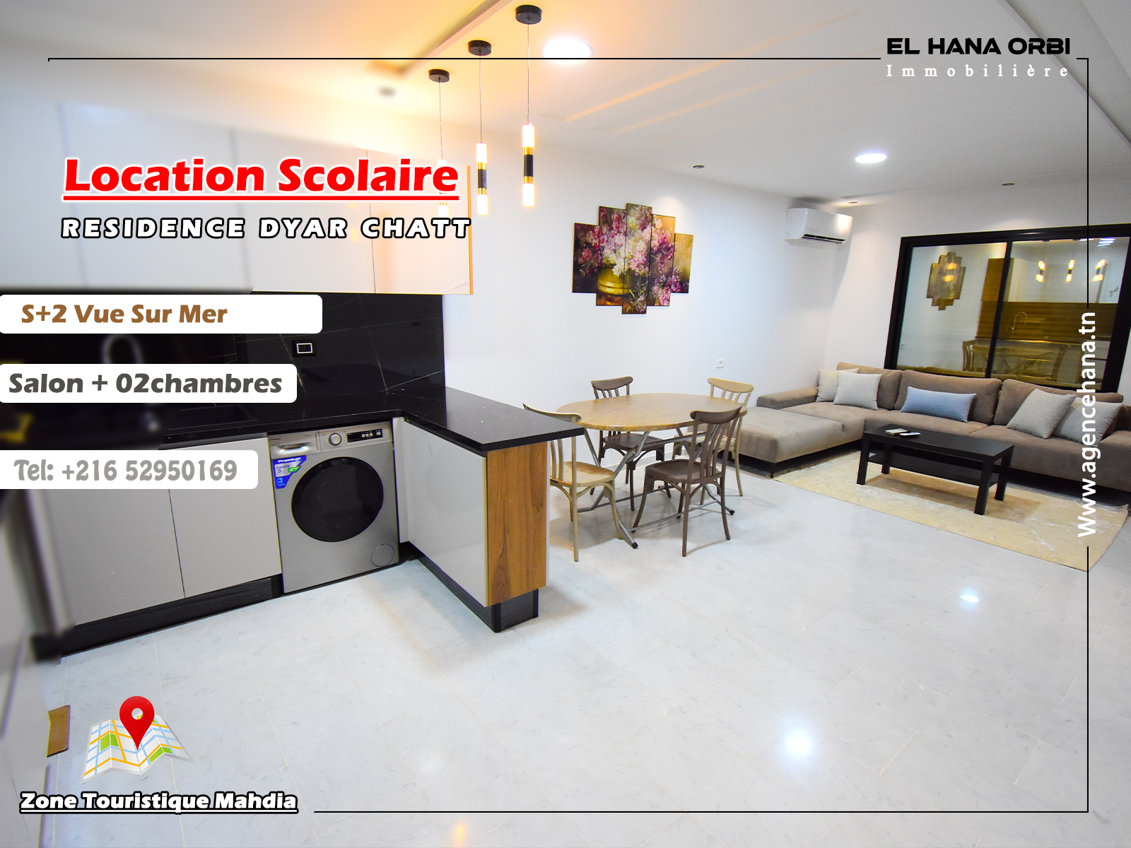 Stunning S+2 Apartment with Sea View for Rent in Mahdia