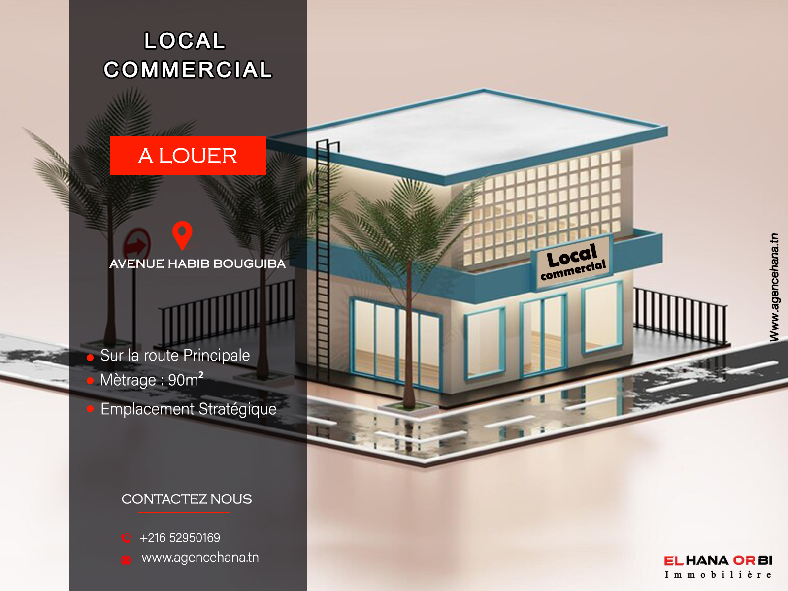 Local commercial sur la route principale en plein centre ville