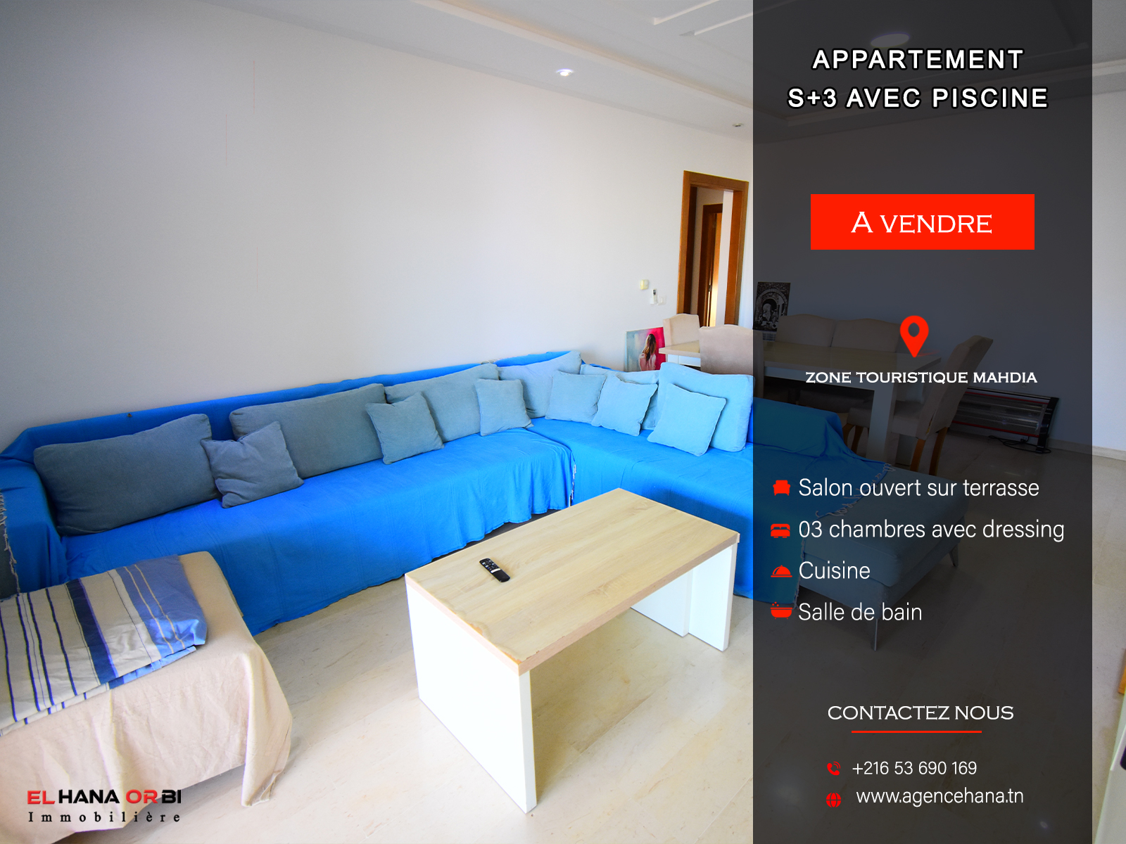 Appartement S+3 avec piscine en plein zone touristique Mahdia