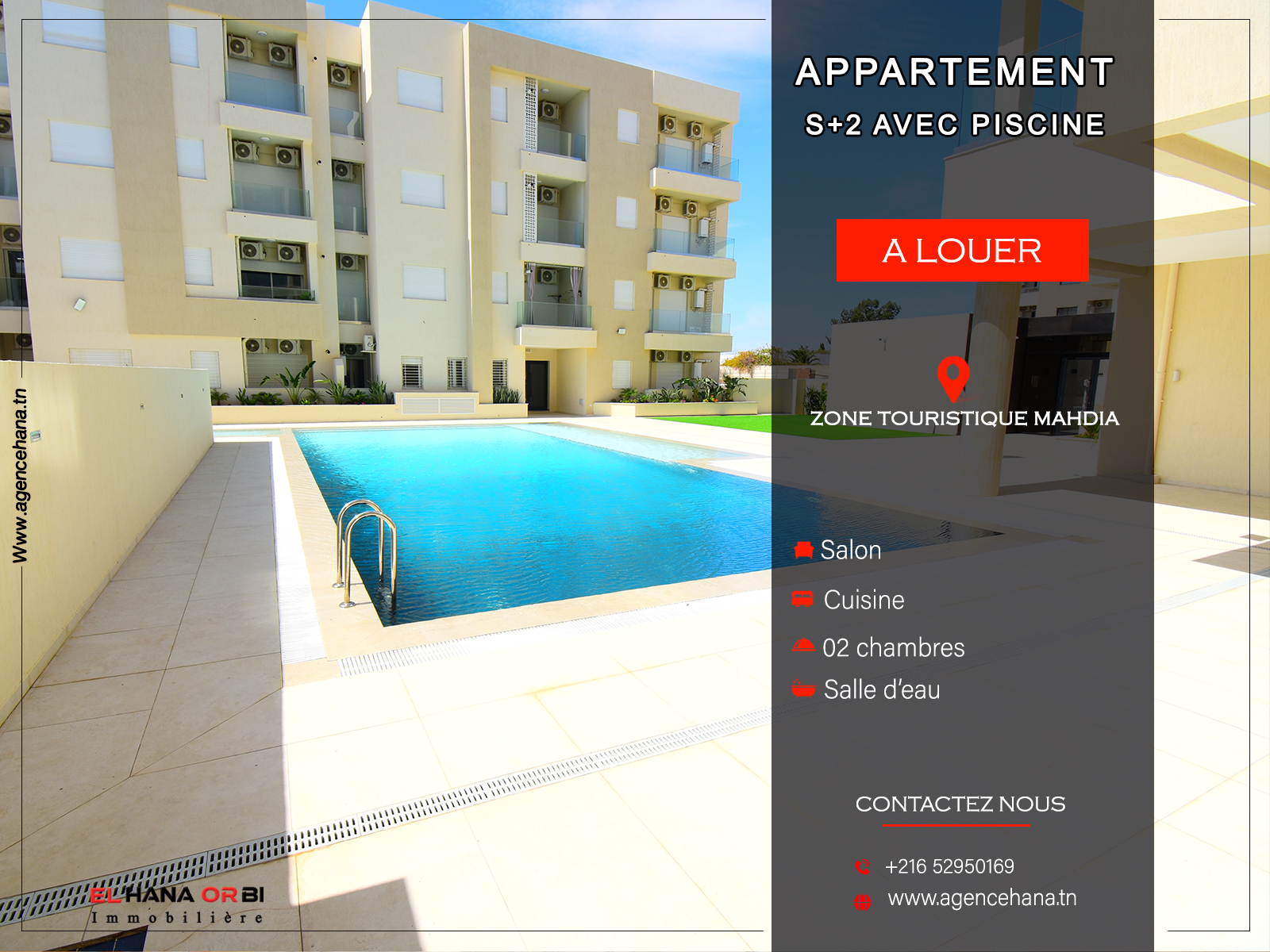 Appartement S+2 avec piscine en plein zone touristique