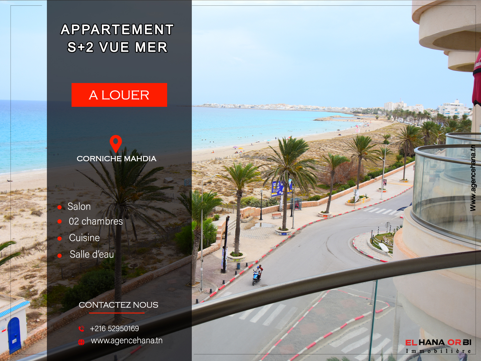 Appartement S+2 rz l'espadon vue mer pour vacances