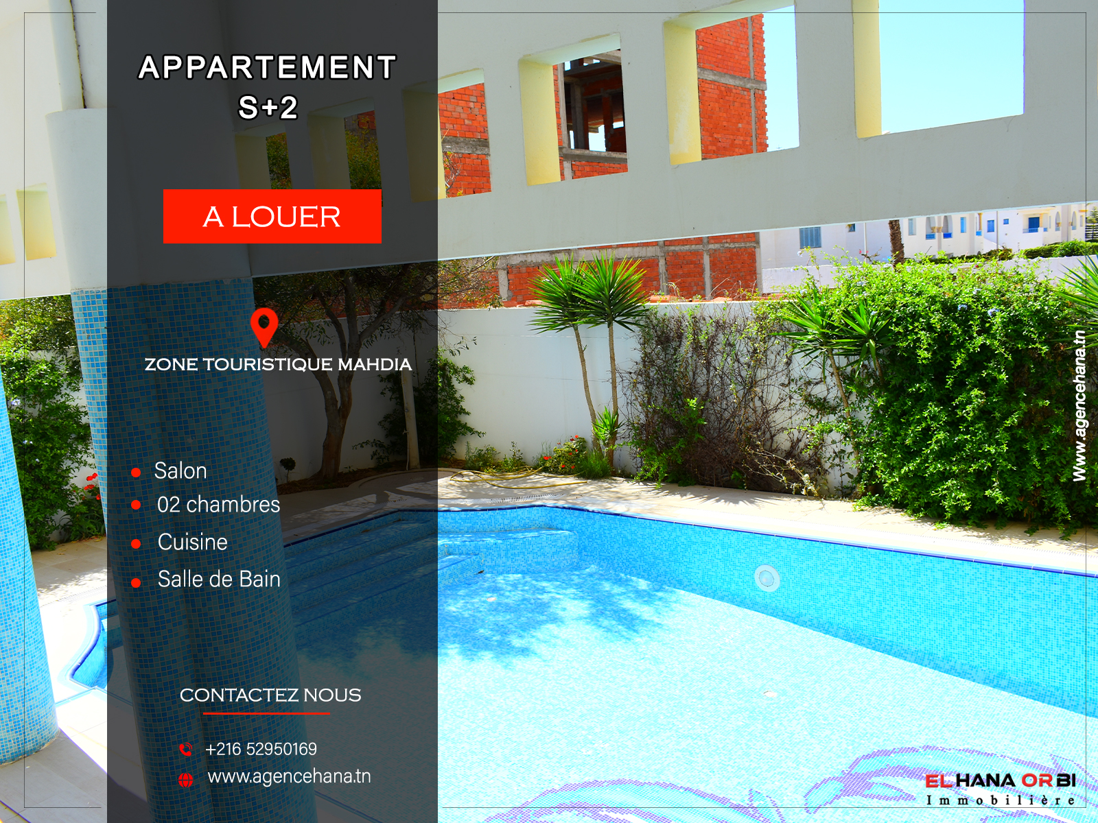 App S+2 au RDC rz sarah avec piscine à Mahdia