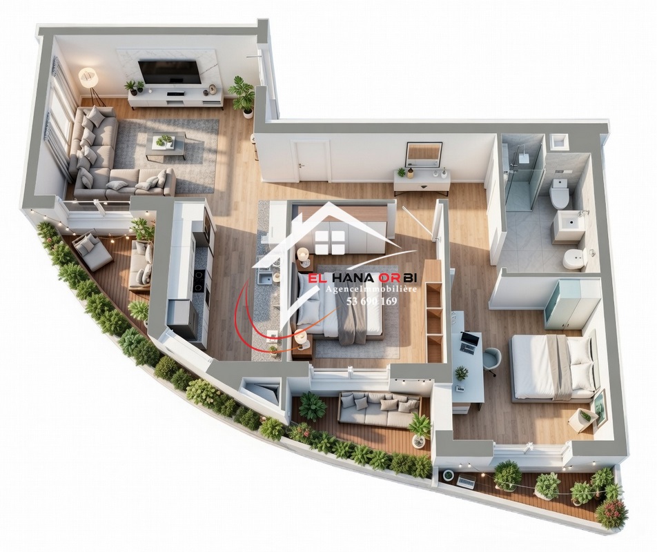 Appartement S+2 avec piscine dans un projet sur plan à Mahdia corniche