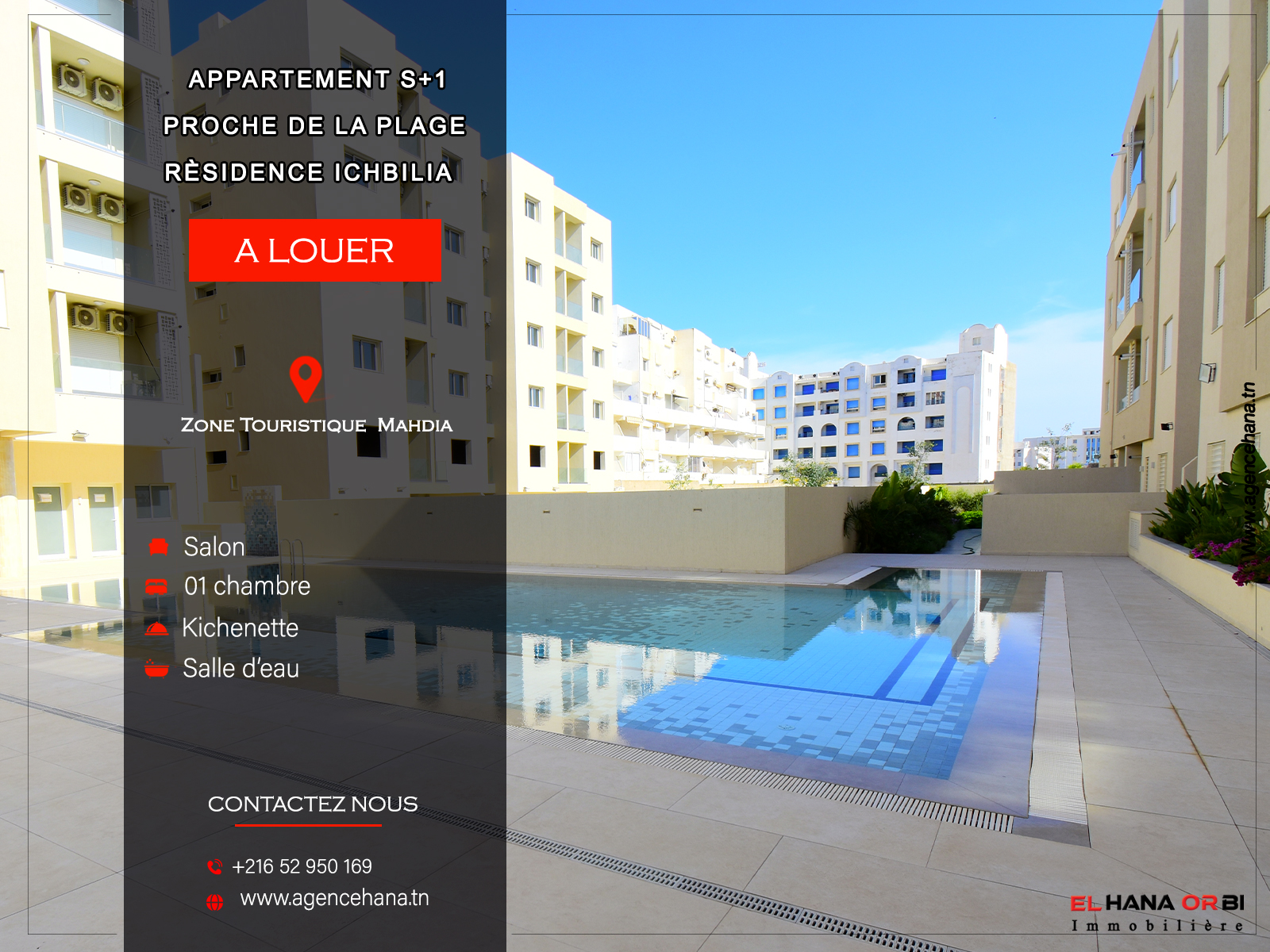 S+1 Neuf avec Piscine à Résidence Ichbilia, Zone Touristique Mahdia