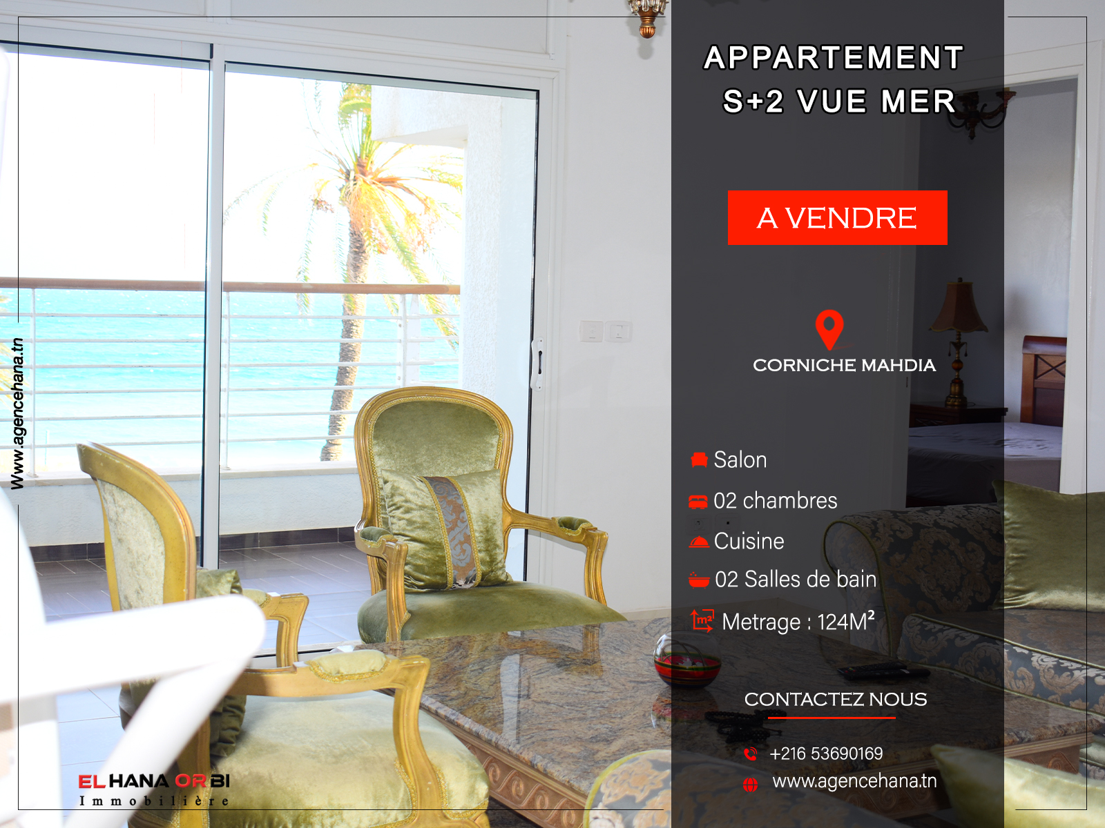 Appartement S+2 vue sur mer à Corniche Mahdia