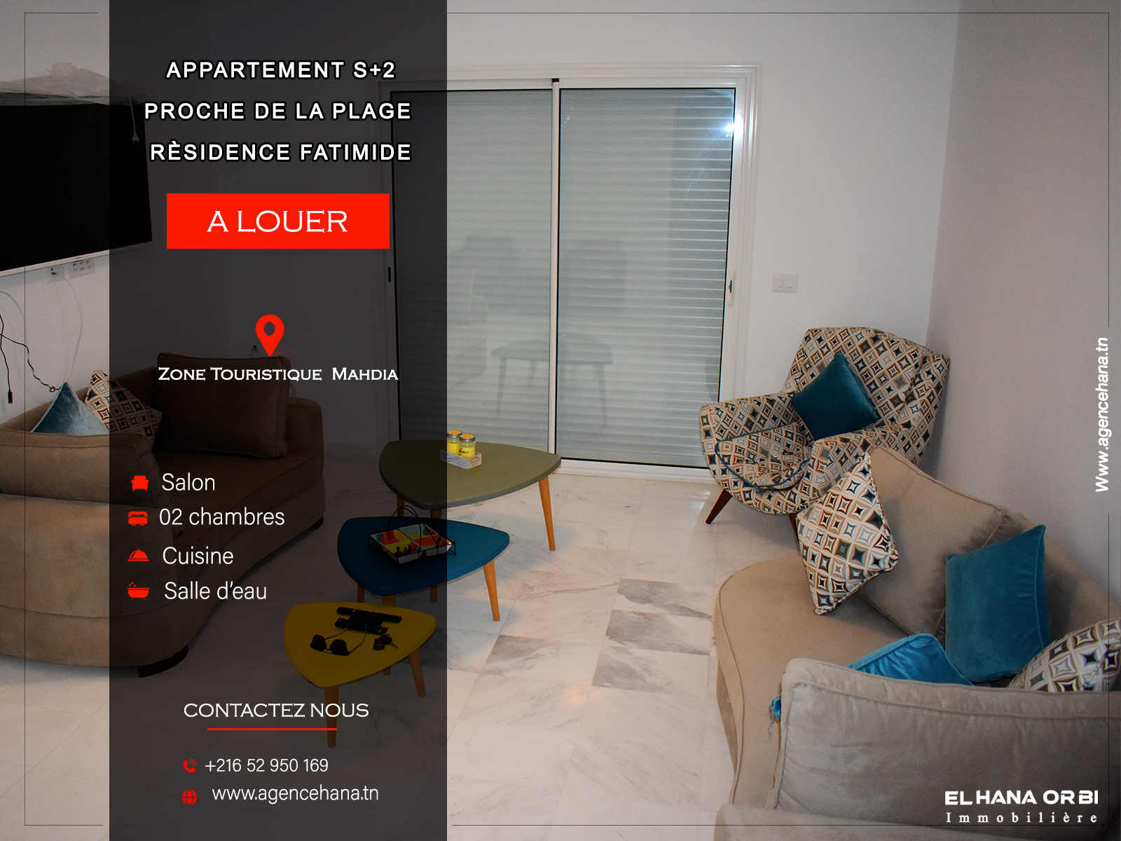 Appartement S+2 rz fatimide neuf pour la location d'été à zone touristique Mahdia