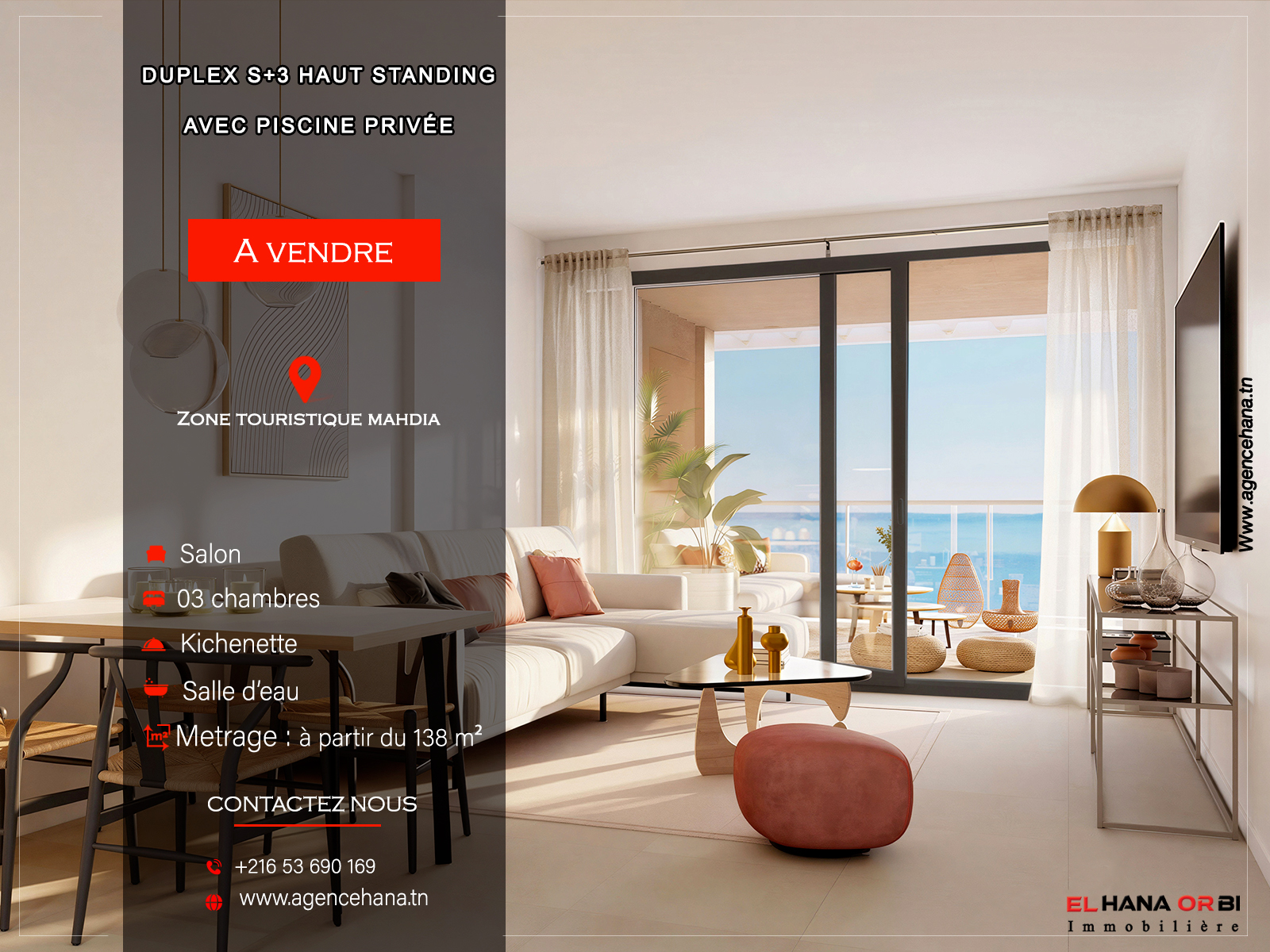 Duplex d'exception S+3 avec Piscine Privée en Zone Touristique Mahdia
