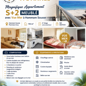 Magnifique Appartement S+2 Meublé avec Vue Mer à Hammam Sousse