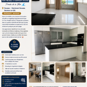 Magnifique appartement S+2 non Meublé avec Vue Mer à Hammam Sousse