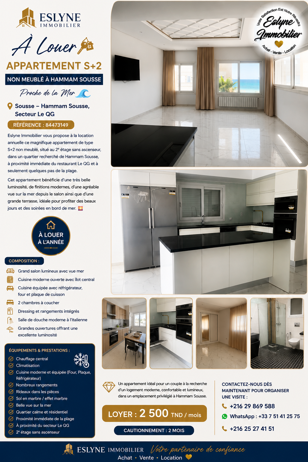 Magnifique appartement S+2 non Meublé avec Vue Mer à Hammam Sousse