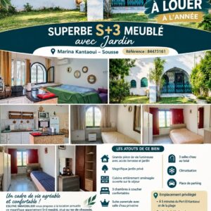 SUPERBE S+3 MEUBLÉ AVEC JARDIN à MARINA KANTAOUI