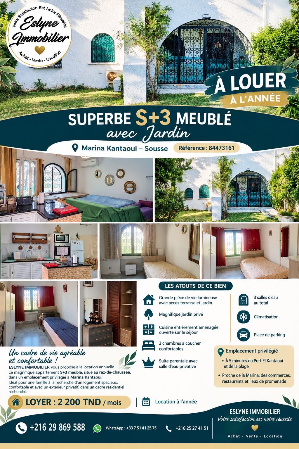 SUPERBE S+3 MEUBLÉ AVEC JARDIN à MARINA KANTAOUI