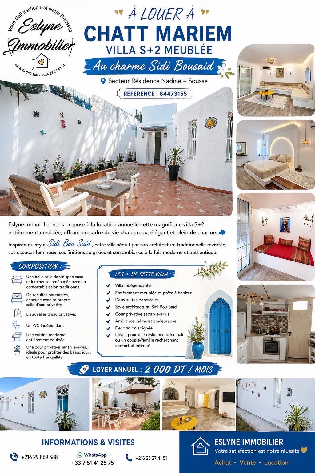 VILLA S+2 MEUBLÉE AU CHARME SIDI BOUSAÏD
