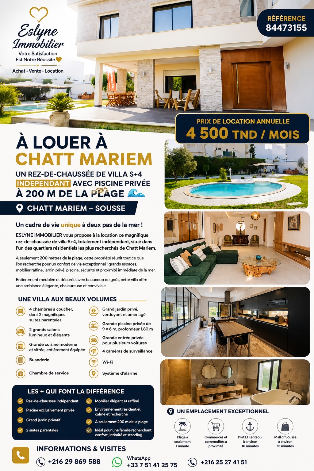 REZ-DE-CHAUSSÉE DE VILLA S+4 INDEPENDANT AVEC PISCINE PRIVÉE À 200 M DE LA PLAGE
