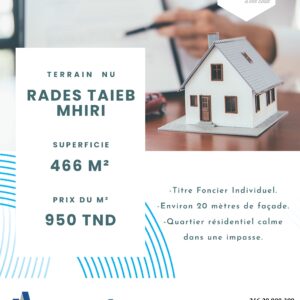 TERRAIN CLÔTURÉ DE 466M² à RADES CITÉ TAIEB MHIRI