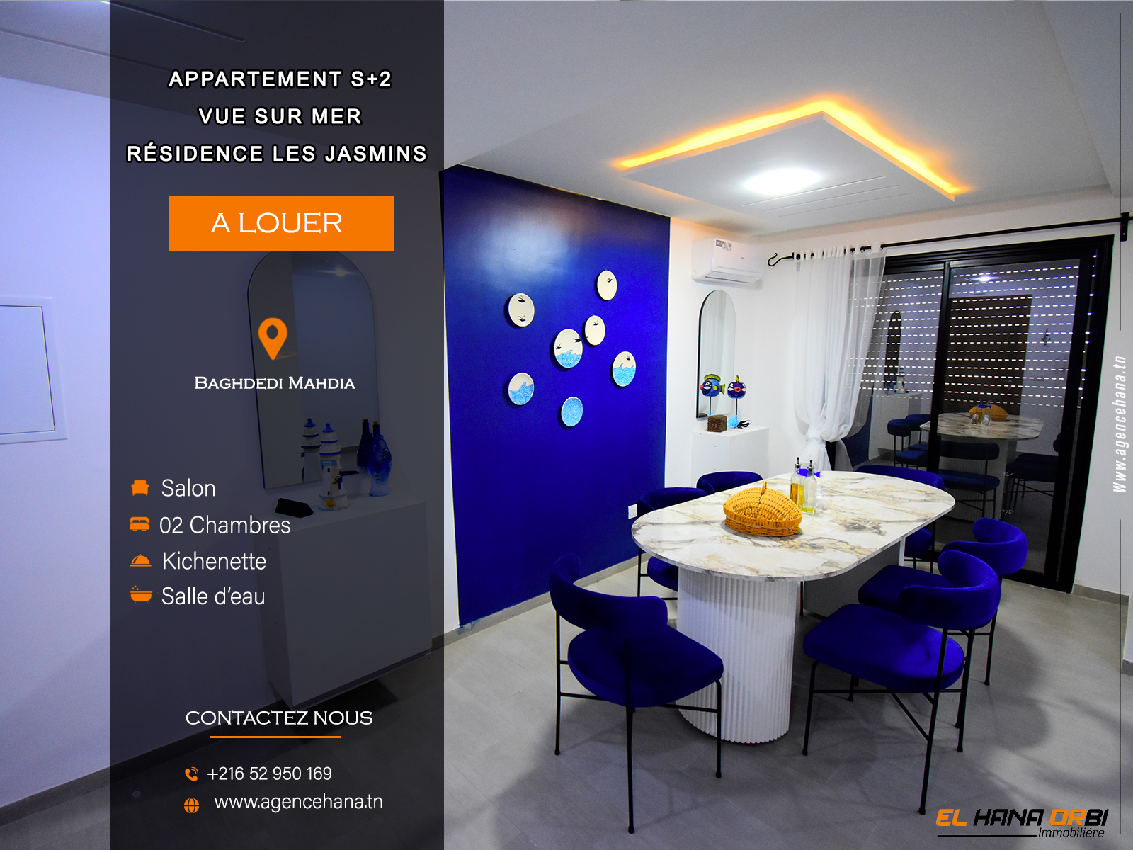 Appartement S+2 vue sur mer à Baghdedi plage