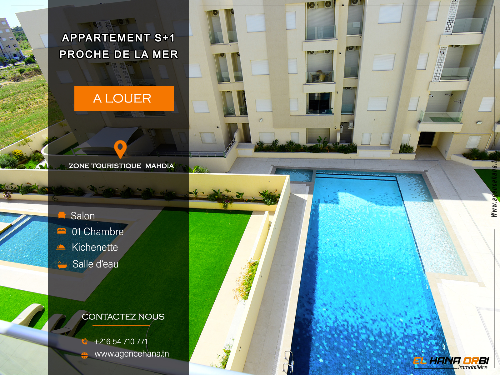Appartement S+1 avec piscine en plein zone touristique Mahdia