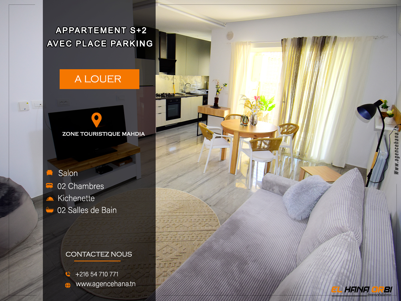 Appartement S+2 avec place de parking, situé en plein cœur de la Zone Touristique de Mahdia.